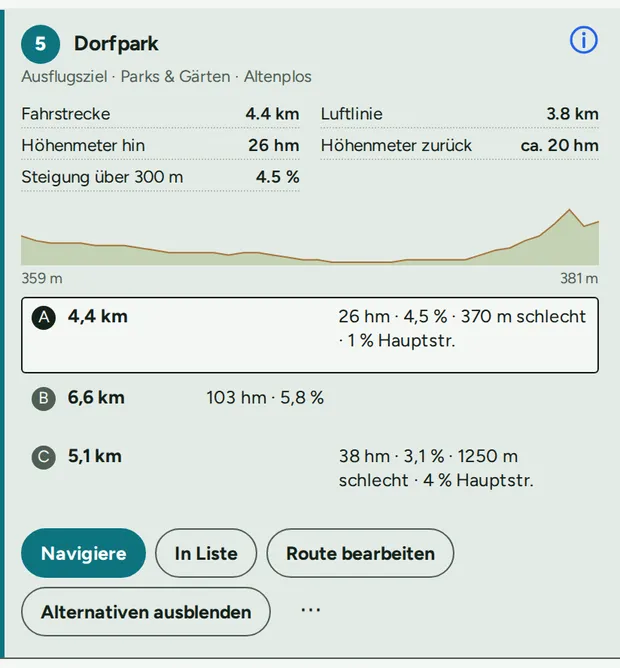 Auswahl der Wege. Überschreitungen deiner Bedingungen sind rot markiert.