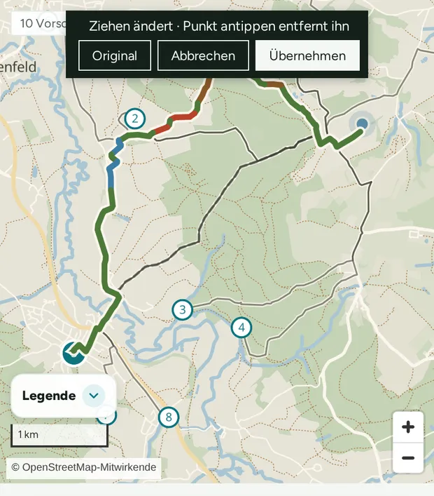Route über einen gezogenen Zwischenpunkt (weißer Kreis).