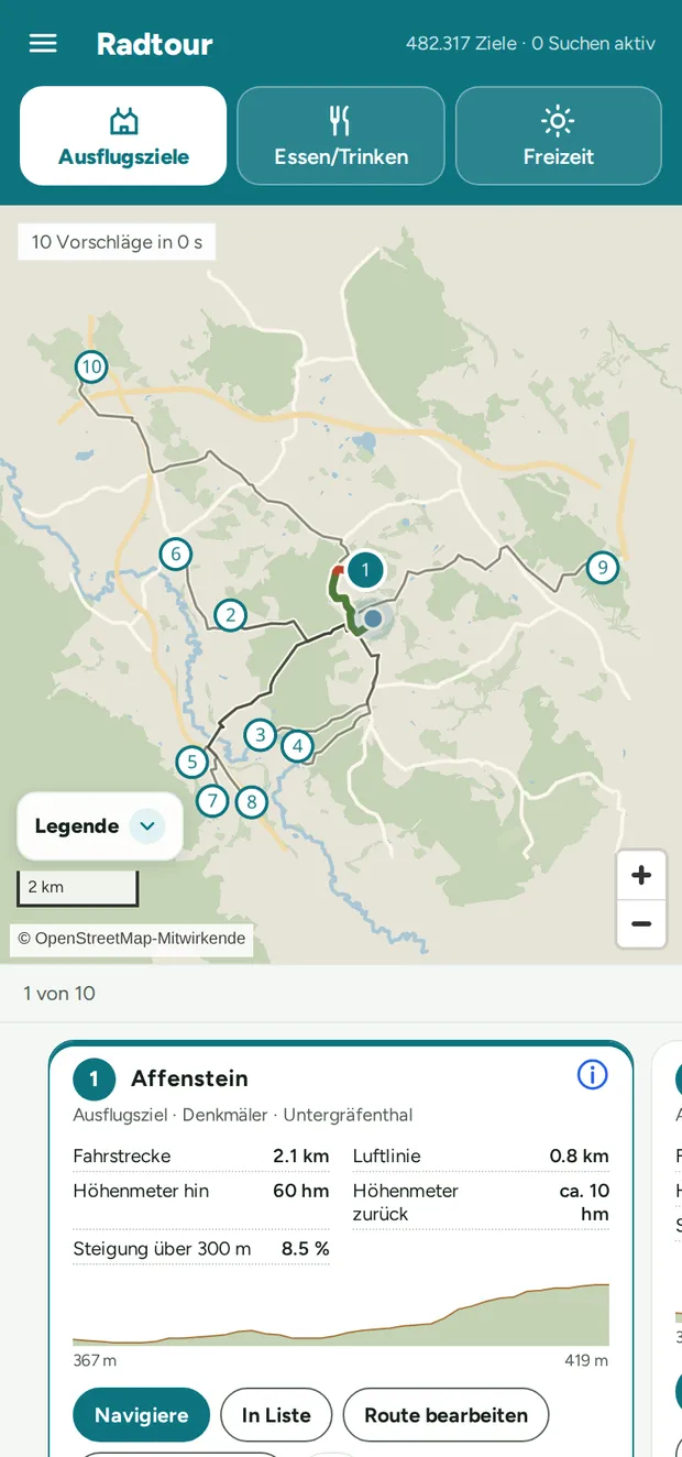 Ansicht Kacheln: seitlich wischen wechselt das Ziel, die Karte zeigt dessen Route.