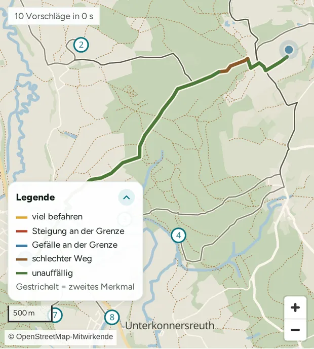 Legende: viel befahren, Steigung oder Gefälle an der Grenze, schlechter Weg, unauffällig.