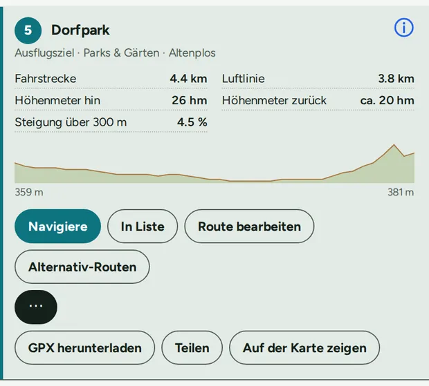 Weitere Aktionen unter ⋯: GPX herunterladen, Teilen, Auf der Karte zeigen.