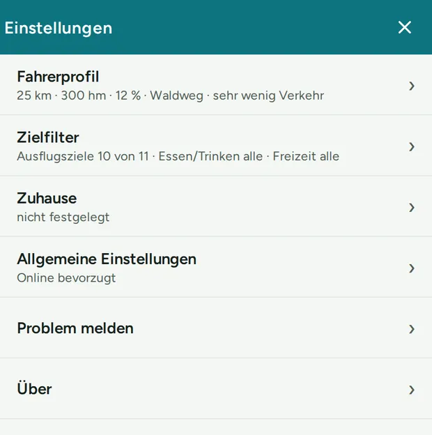 Die Startseite des Menüs.