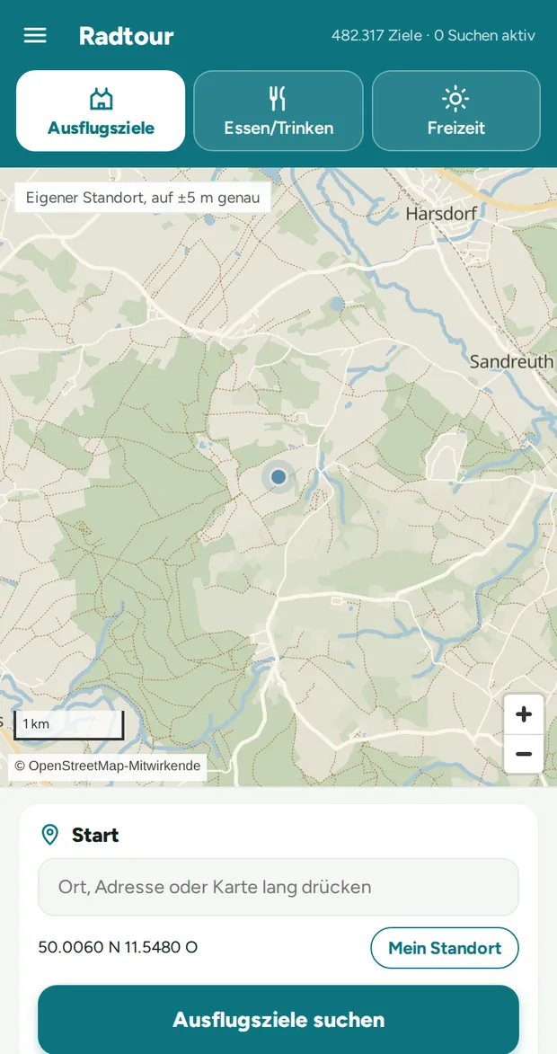 Der Hauptschirm: oben die drei Rubriken, darunter Karte, Startpunkt und Suchknopf.