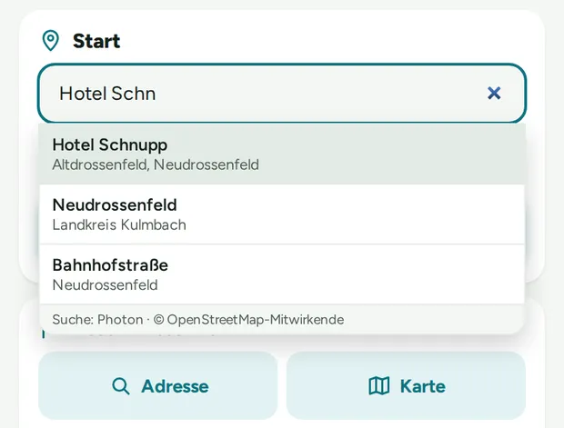 Startpunkt per Adresse: Vorschläge erscheinen schon beim Tippen.