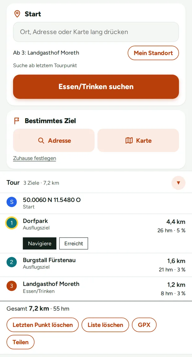 Tour mit drei Zielen aus zwei Rubriken. Die Gesamtlänge darf die Vorgabe überschreiten.