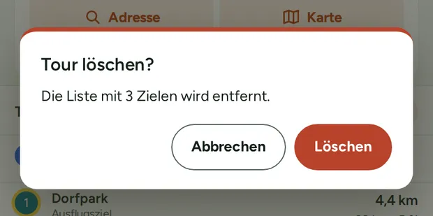 Sicherheitsabfrage vor dem Löschen der Tour.