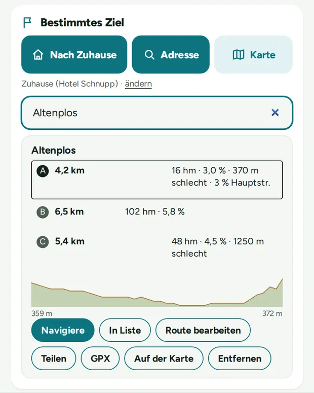 Ergebnis: Wege A, B, C mit Höhenprofil und allen Aktionen.